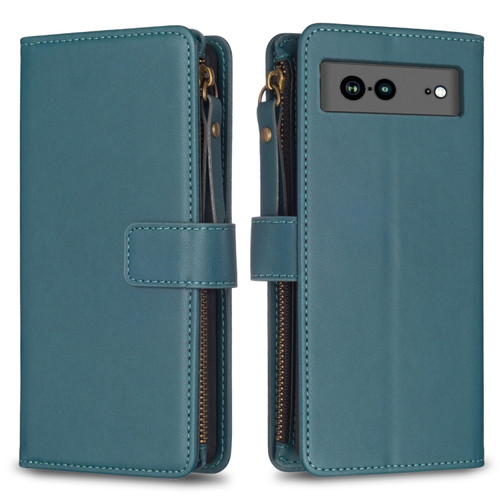 9 Card Slots Zipper Wallet Leather Flip Phone Case for Google Pixel 7a - Green