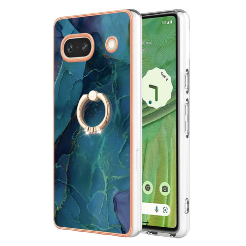 Electroplating Marble Dual-side IMD Phone Case with Ring for Google Pixel 7a - Green 017