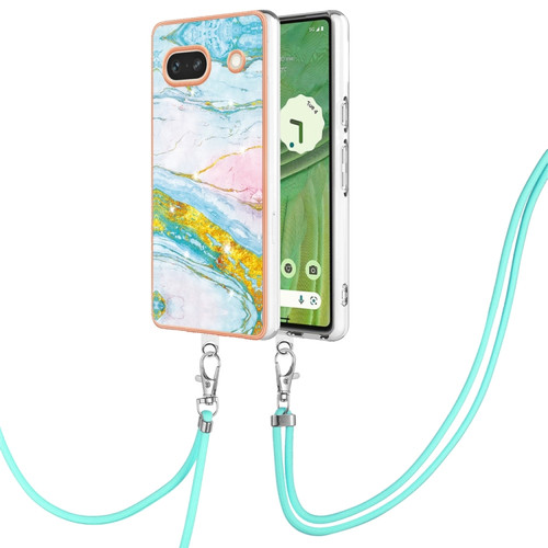 Electroplating Marble Dual-side IMD Phone Case with Lanyard for Google Pixel 7a - Green 004