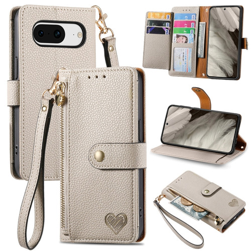 Love Zipper Lanyard Leather Phone Case for Google Pixel 7a - Gray