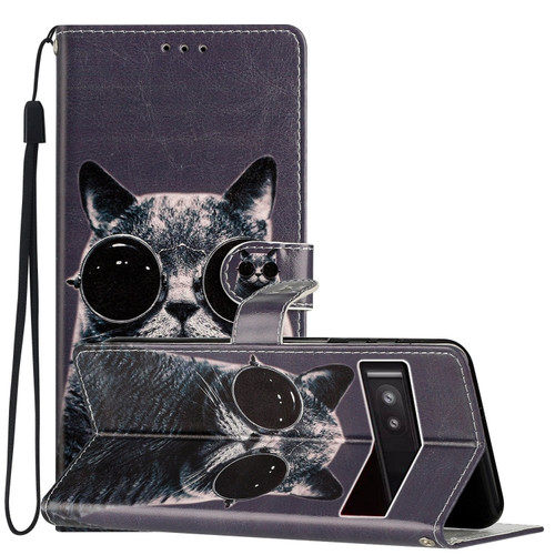 Colored Drawing Leather Phone Case for Google Pixel 7a - Sunglasses Cat