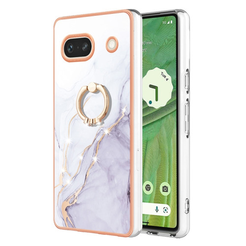 Electroplating Marble IMD TPU Phone Case with Ring Holder for Google Pixel 7a - White 006