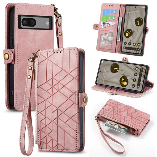 Geometric Zipper Wallet Side Buckle Leather Phone Case for Google Pixel 7a - Pink