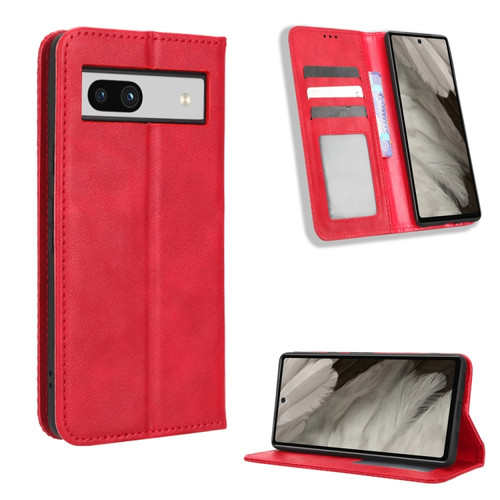 Magnetic Buckle Retro Texture Leather Phone Case for Google Pixel 7a - Red