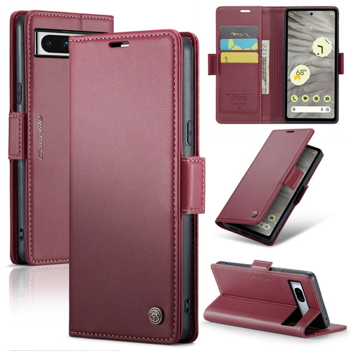 CaseMe 023 Butterfly Buckle Litchi Texture RFID Anti-theft Leather Phone Case for Google Pixel 7a - Wine Red