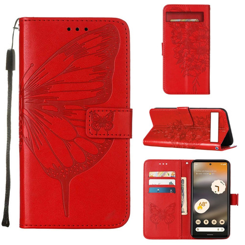 Embossed Butterfly Flip Leather Phone Case for Google Pixel 7a - Red