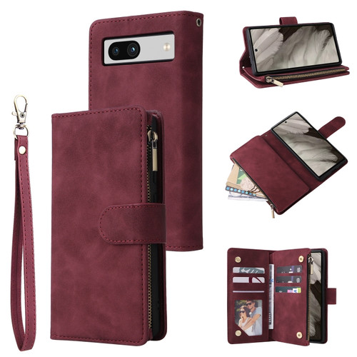 Multifunctional Multi-Card Wallet Phone Leather Case for Google Pixel 7a - Wine Red