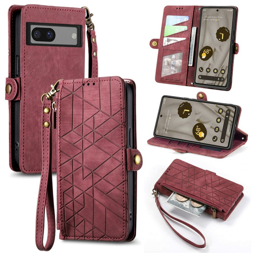 Geometric Zipper Wallet Side Buckle Leather Phone Case for Google Pixel 7a - Red