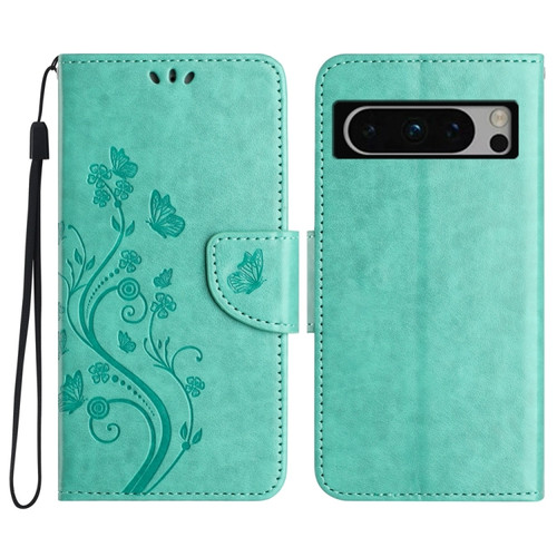 Butterfly Flower Pattern Flip Leather Phone Case for Google Pixel 8 Pro - Green