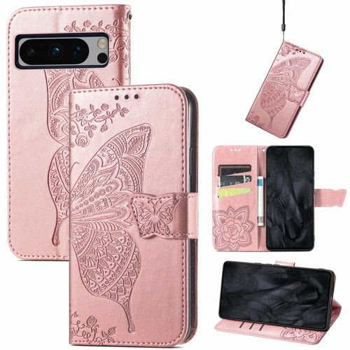 Butterfly Love Flower Embossed Leather Phone Case for Google Pixel 8 Pro - Rose Gold