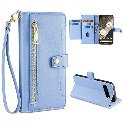 Google Pixel 7 Pro Sheep Texture Cross-body Zipper Wallet Leather Phone Case for Google Pixel 8 Pro - Blue