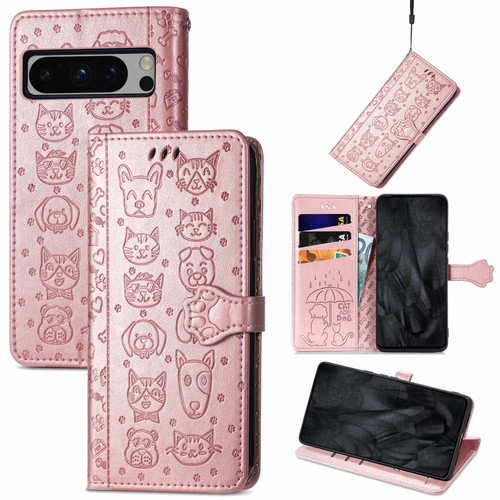 Cute Cat and Dog Embossed Leather Phone Case for Google Pixel 8 Pro - Rose Gold