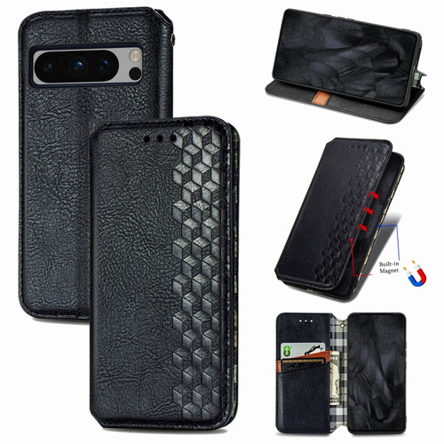 Cubic Grid Pressed Magnetic Leather Phone Case for Google Pixel 8 Pro - Black