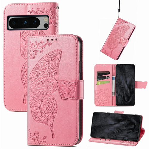 Butterfly Love Flower Embossed Leather Phone Case for Google Pixel 8 Pro - Pink