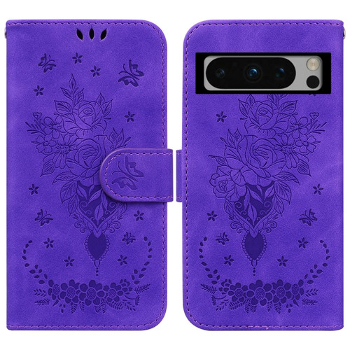 Butterfly Rose Embossed Leather Phone Case for Google Pixel 8 Pro - Purple