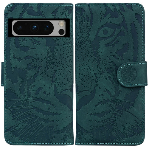 Tiger Embossing Pattern Flip Leather Phone Case for Google Pixel 8 Pro - Green