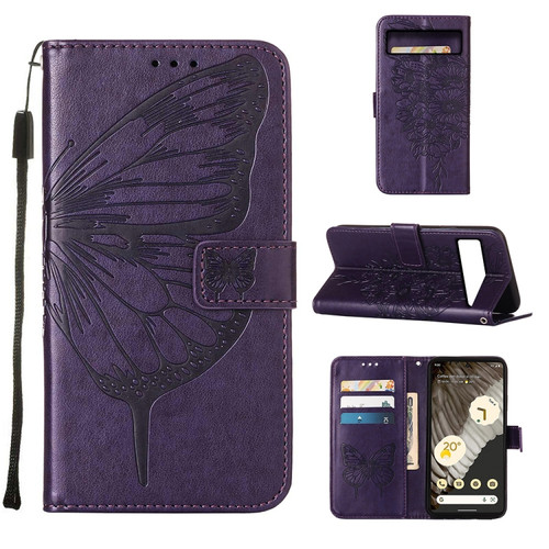 Embossed Butterfly Leather Phone Case for Google Pixel 8 Pro - Dark Purple