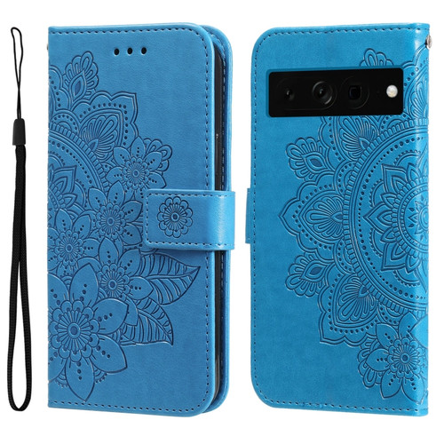 Google Pixel 7 Pro 7-petal Flowers Embossing Leather Phone Case for Google Pixel 8 Pro - Blue