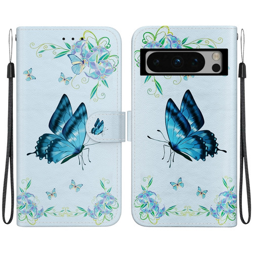 Crystal Texture Colored Drawing Leather Phone Case for Google Pixel 8 Pro - Blue Pansies