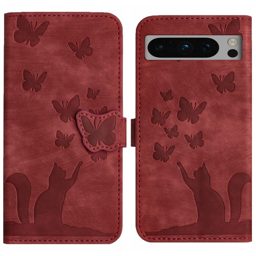 Butterfly Cat Embossing Flip Leather Phone Case for Google Pixel 8 Pro - Red