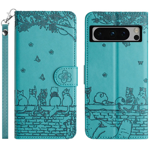 Cat Embossing Pattern Leather Phone Case with Lanyard for Google Pixel 8 Pro - Blue