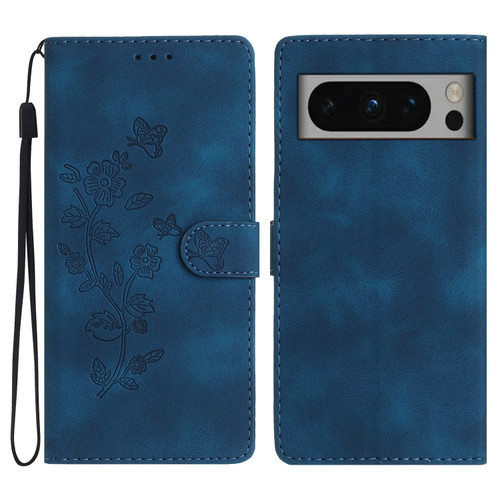 Flower Butterfly Embossing Pattern Leather Phone Case for Google Pixel 8 Pro - Blue