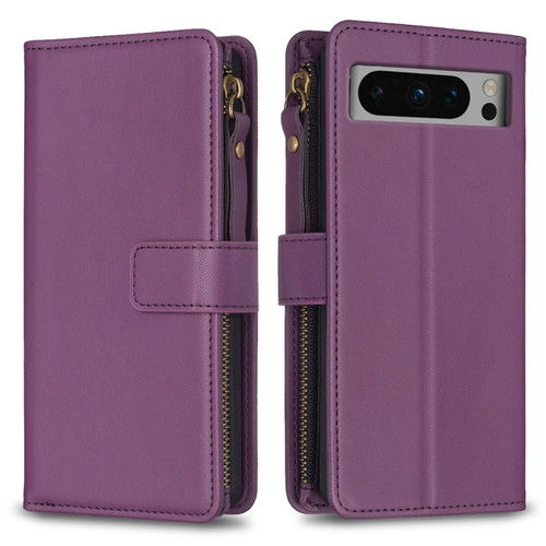 9 Card Slots Zipper Wallet Leather Flip Phone Case for Google Pixel 8 Pro - Dark Purple