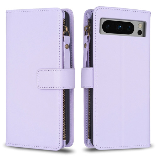 9 Card Slots Zipper Wallet Leather Flip Phone Case for Google Pixel 8 Pro - Light Purple