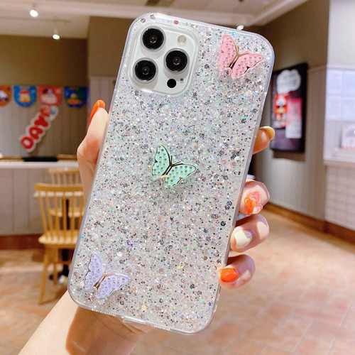 Starry Sequin Rhinestones Color Butterflies Epoxy TPU Phone Casefor iPhone 13 Pro Max - Silver
