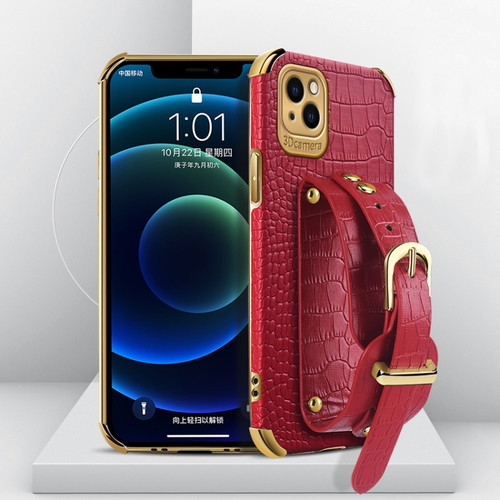 Electroplated TPU Crocodile Pattern Leather Case with Wrist Strap for iPhone 13 Pro Max - Red