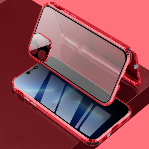 Four-corner Shockproof Anti-peeping Magnetic Metal Frame Double-sided Tempered Glass Case for iPhone 13 Pro Max - Red