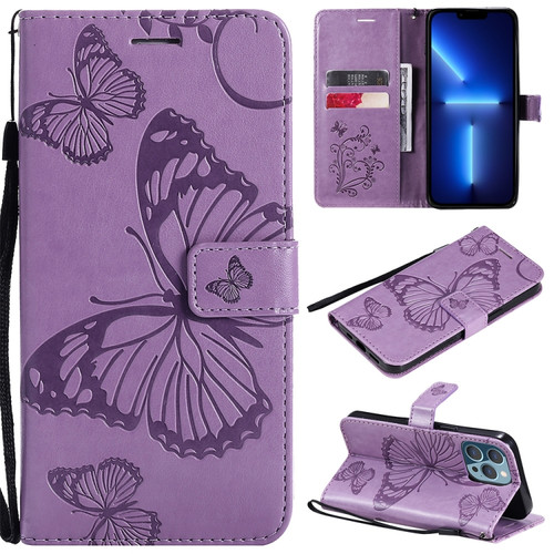 3D Butterfly Embossed Pattern Horizontal Flip Leather Case with Holder & Card Slot & Wallet & Lanyard for iPhone 13 Pro Max - Purple