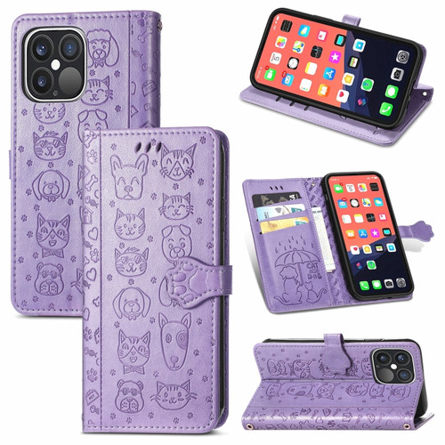 Cute Cat and Dog Embossed Horizontal Flip Leather Case with Holder & Card Slots & Wallet & Lanyard for iPhone 13 Pro Max - Purple