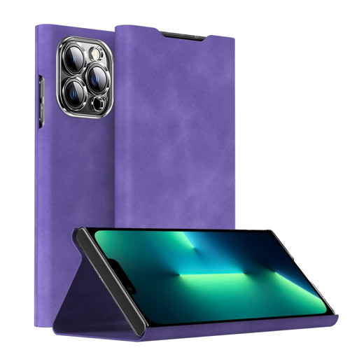 Magnetic Napa Texture Leather Phone Case with Holderfor iPhone 13 Pro Max - Purple