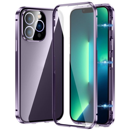 Magnetic Double-buckle HD Tempered Glass Phone Casefor iPhone 13 Pro Max - Purple