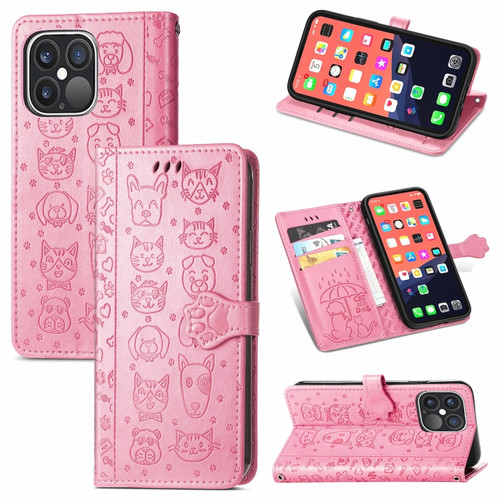 Cute Cat and Dog Embossed Horizontal Flip Leather Case with Holder & Card Slots & Wallet & Lanyard for iPhone 13 Pro Max - Pink