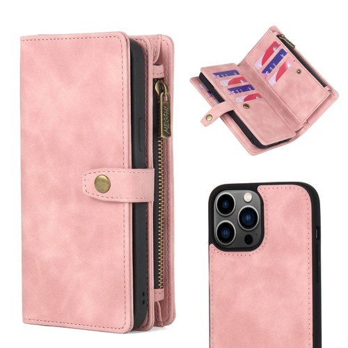 Zipper Wallet Detachable MagSafe Leather Phone Casefor iPhone 13 Pro Max - Pink