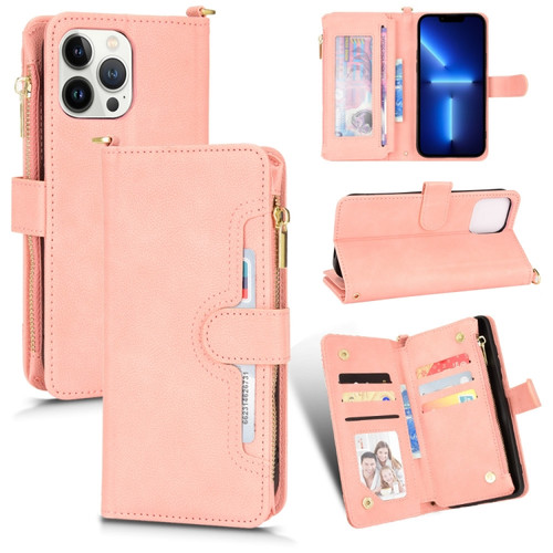Litchi Texture Zipper Leather Phone Case for iPhone 13 Pro Max - Pink