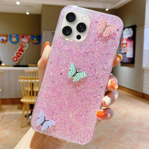 Starry Sequin Rhinestones Color Butterflies Epoxy TPU Phone Casefor iPhone 13 Pro Max - Pink