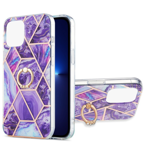 Electroplating Splicing Marble Pattern Dual-side IMD TPU Shockproof Case with Ring Holder for iPhone 13 Pro Max - Dark Purple