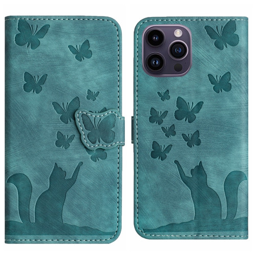 Butterfly Cat Embossing Flip Leather Phone Casefor iPhone 13 Pro Max - Wathet