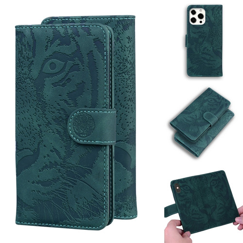 Tiger Embossing Pattern Horizontal Flip Leather Case with Holder & Card Slots & Wallet for iPhone 13 Pro Max - Green