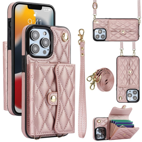 Crossbody Rhombic Horizontal Wallet Leather Phone Casefor iPhone 13 Pro Max - Rose Gold