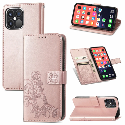 Four-leaf Clover Clasp Embossed Buckle Mobile Phone Protection Leather Case with Lanyard & Card Slot & Wallet & Bracket Functionfor iPhone 13 Pro Max - Rose Gold