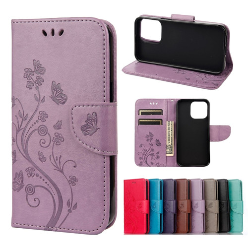 Butterfly Flower Pattern Horizontal Flip Leather Case with Holder & Card Slots & Wallet for iPhone 13 Pro Max - Light Purple