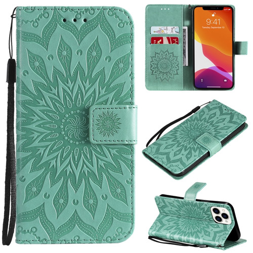 Pressed Printing Sunflower Pattern Horizontal Flip PU Leather Case Holder & Card Slots & Wallet & Lanyard for iPhone 13 Pro Max - Green