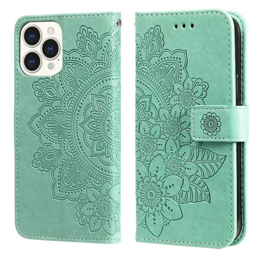 7-petal Flowers Embossing Pattern Horizontal Flip PU Leather Case with Holder & Card Slots & Wallet & Photo Frame for iPhone 13 Pro Max - Green