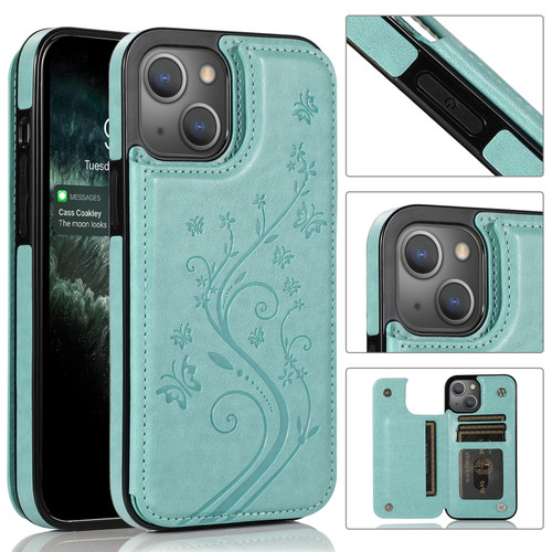 Butterflies Flowers Double Buckle PU + TPU Protective Case with Holder & Card Slots & Photo Frame for iPhone 13 Pro Max - Green