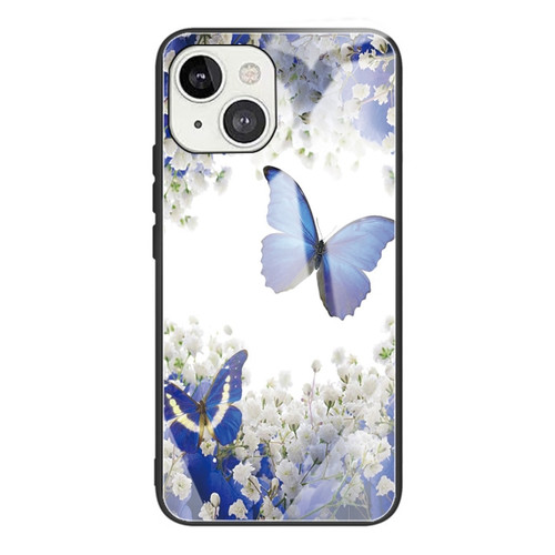 Colorful Painted Glass Shockproof Protective Case for iPhone 13 Pro Max - Flowers and Butterflies