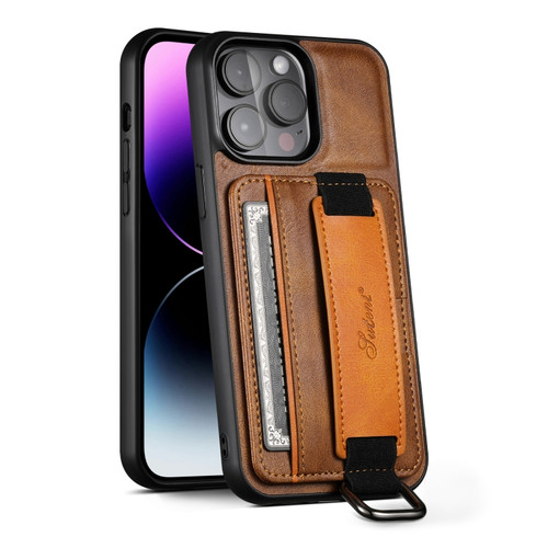 Suteni H13 Card Wallet Wrist Strap Holder PU Phone Casefor iPhone 13 Pro Max - Brown